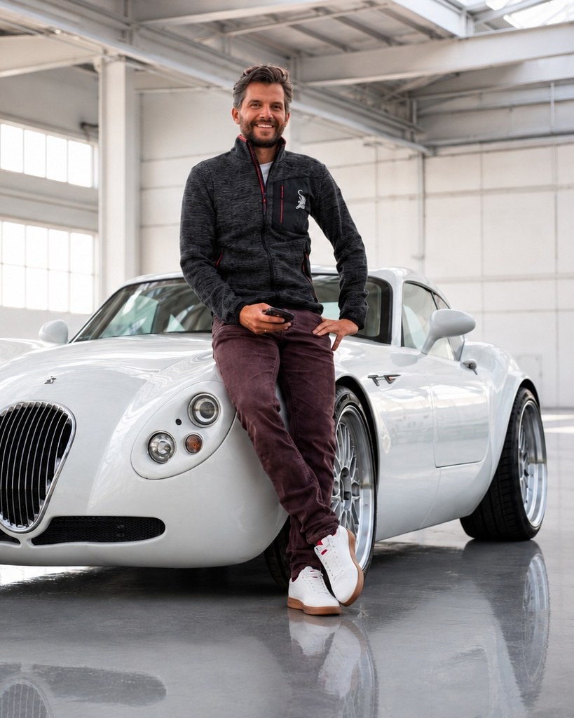 Tobias Welker mit seinem weißen Wiesmann MF4 GT in einer hellen Halle