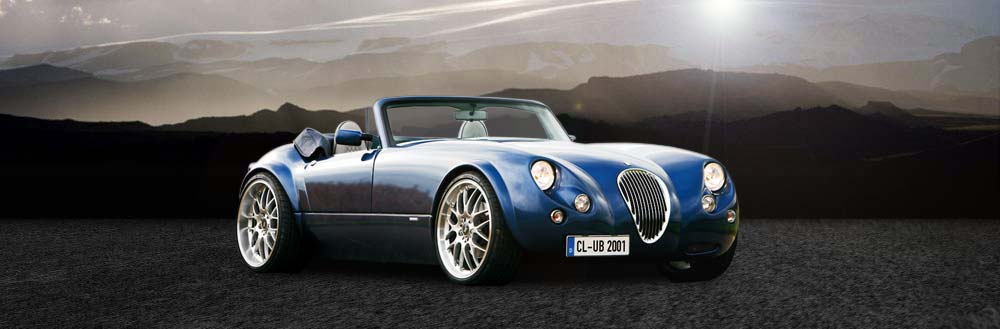Blue Wiesmann roadster in front of a mountain backdrop